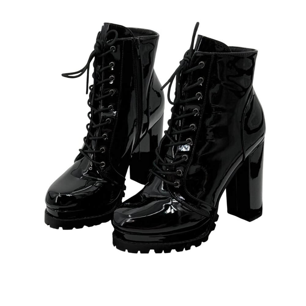 Black Faux Patent Leather Lug Sole Platform Heel Boots 10 | Baddie Dark Romance - Picture 3 of 16